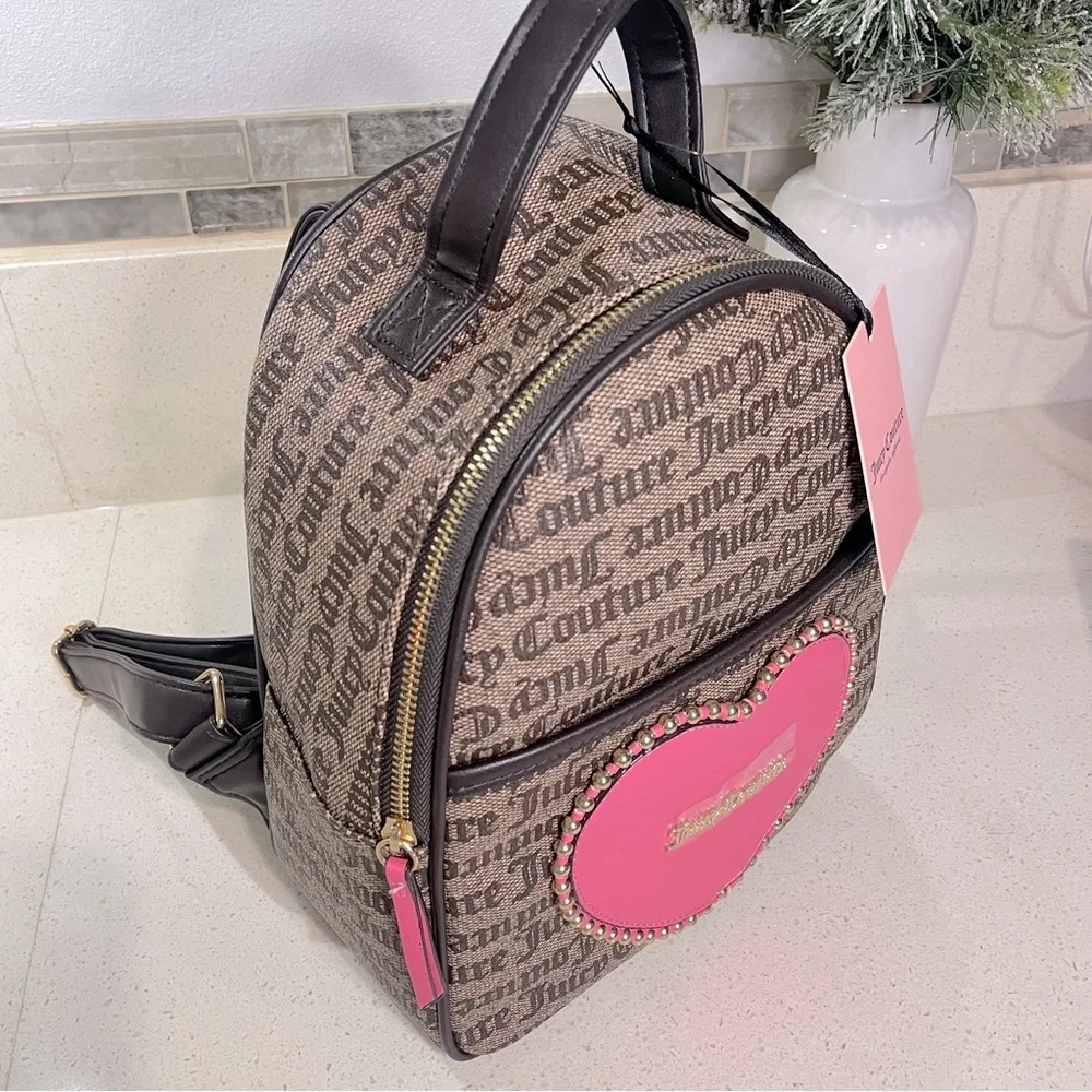 NEW Juicy Couture Brown Monogram‎ Mini Backpack Pink Studded Heart Gothic Logo